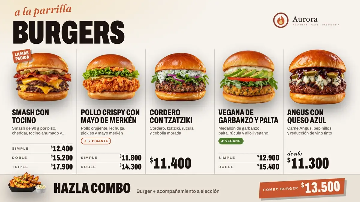 Carta digital de burgers de Aurora con precios simple, doble y triple, etiquetas de picante y vegano, y el combo burger.