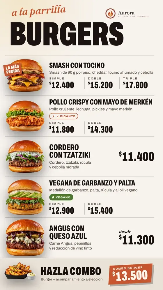 Carta digital vertical de burgers con sus precios.