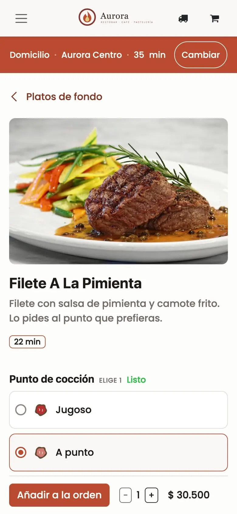 Ficha del Filete a la pimienta en el celular: 22 minutos y elección del punto de cocción.