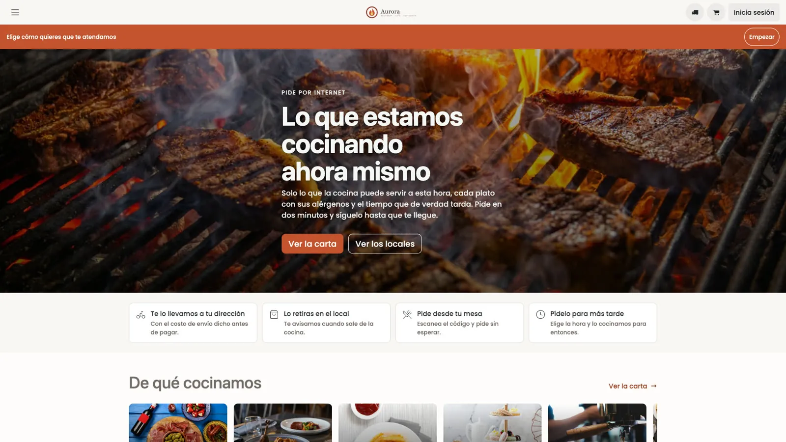 Portada del sitio de Aurora: «Lo que estamos cocinando ahora mismo», con las opciones de reparto, retiro, pedido en la mesa y pedido programado.